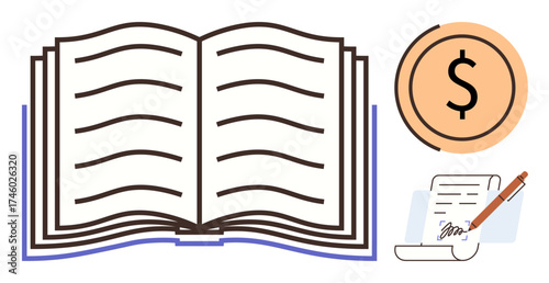 Open book with text, dollar sign in orange circle, and signed paper highlight literacy, finance, and legal agreements. Ideal for education, publishing, contracts, business economics legal topics