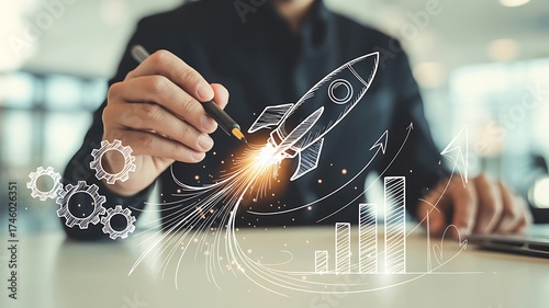 Businessman drawing a rocket ship with glowing engine and gears representing startup business growth and innovation