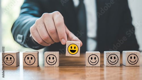 Hand selects a wooden block with a happy smiley face from a row of diverse emotion blocks