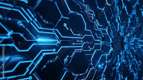 Futuristic Hexagonal Grid with Glowing Blue Circuit Lines Representing Data and Technology