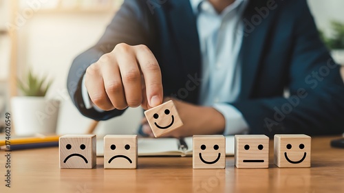 Customer service representative selecting a happy face emoji cube to represent positive feedback and satisfaction