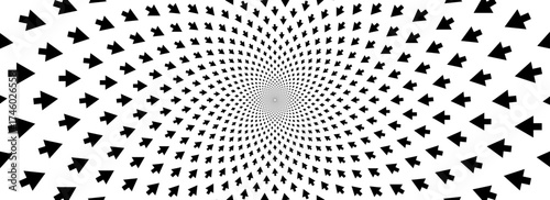 Arrow optical illusion background. Black and white hypnotic rotating arrows surface. Spinning spiral poster design. Abstract illusion wallpaper for banner, template design. Vector force field concept