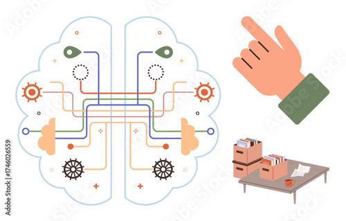 Brain symbolic neural connections, hand pointing gesture, organized desk with categorized folders. Ideal for technology, AI, knowledge, organization, decision-making productivity education. Simple