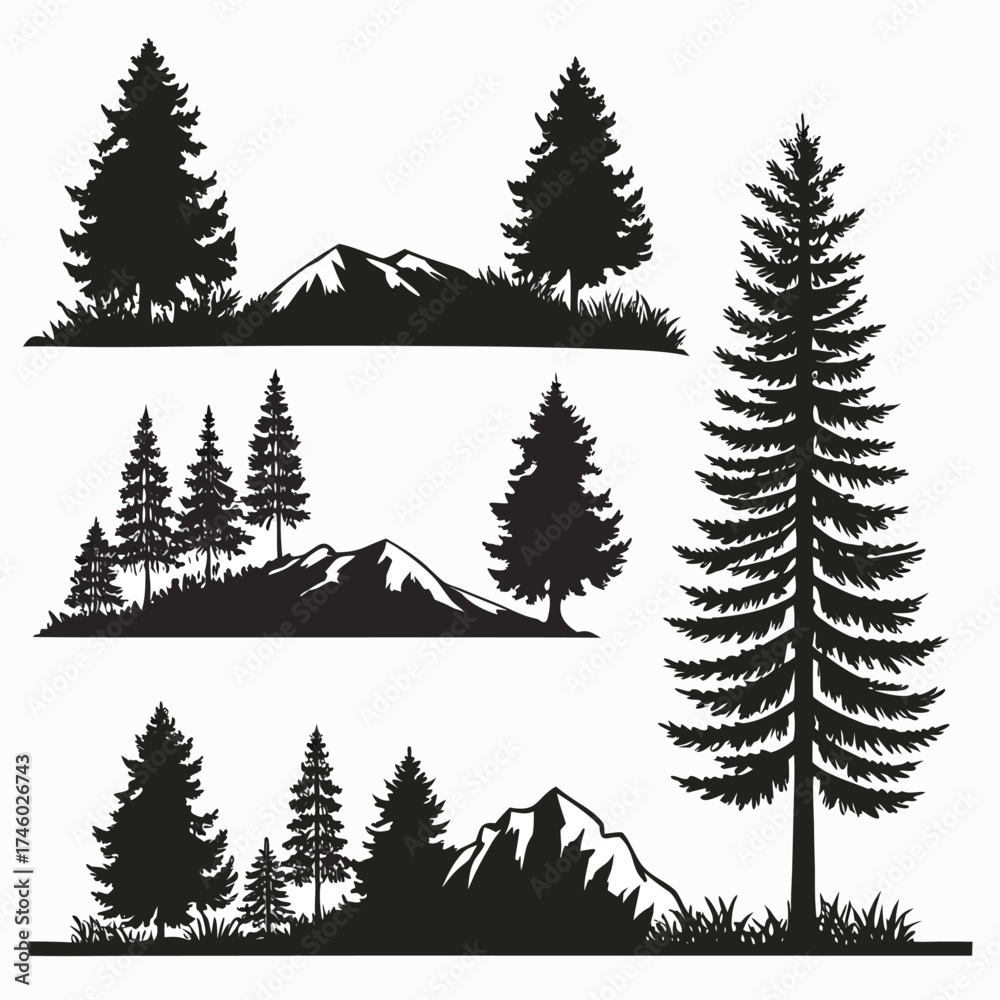 Fototapeta premium Evergreen Trees and Mountains Silhouettes Set Keywords: evergreen, trees, mountains, silhouette