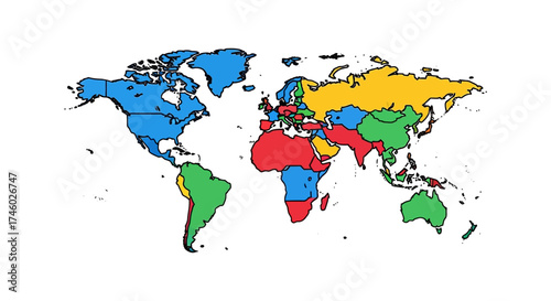 world map with color-coded continents highlighting global regions for international business and geographic studies showcasing continental diversity