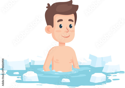 Man enjoying a cold ice bath in a pool surrounded by ice cubes isolated on transparent background. Vector illustration.