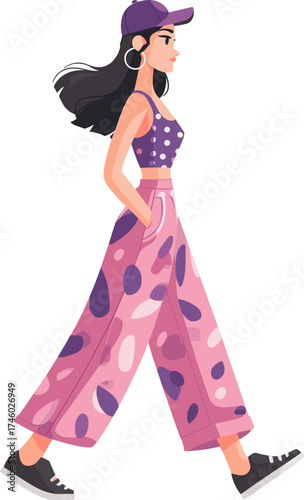 Fashionable young woman walking in stylish casual outfit isolated on transparent background. Vector illustration.