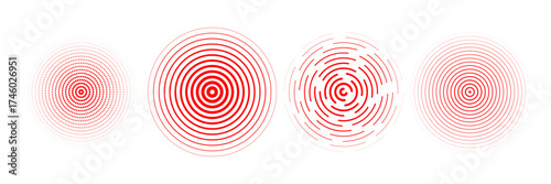 Red radial concentric circle set. Rippled, dashed and dotted rings for epicenter, target, radar, earthquake shockwave symbols. Sound wave signal collection. Vector expansive vibration elements