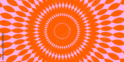 Optical illusion background. Red and pink abstract distorted wavy lines surface. Radial waves poster design. Trippy sunburst illusion wallpaper.