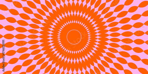 Optical illusion background. Red and pink abstract distorted wavy lines surface. Radial waves poster design. Trippy sunburst illusion wallpaper.