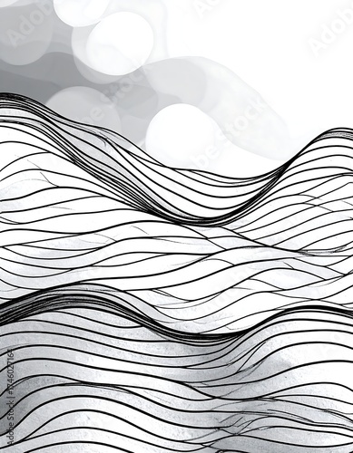 Abstract wavy lines in grayscale, layered effect, with blurred light background