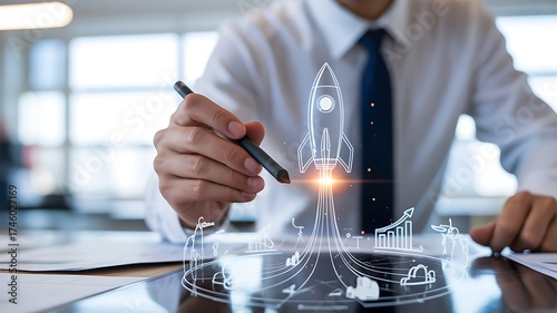 Businessman pointing to a holographic rocket ship launching upwards with a growing financial graph overlay