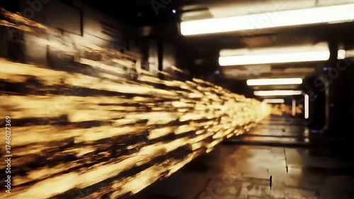High-Speed Golden Energy Stream Moving Through a Dark Futuristic Digital Tunnel