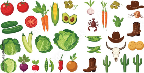 Vibrant vegetable harvest with a western twist, perfect for healthy recipes and unique designs showcasing culinary adventures in the wild west