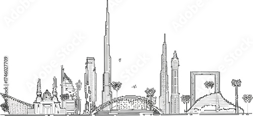 Elegant architectural skyline drawing of Dubai's iconic landmarks in black and white for a modern design project or sophisticated travel blog post