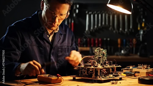 Electronics engineer in safety glasses soldering and working on a complex circuit board assembly on a workbench in a dark workshop.