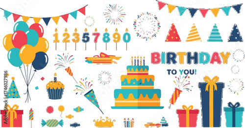 Bright birthday party elements ready to celebrate with cake, balloons, presents, and colorful decorations for a festive occasion that brings joy