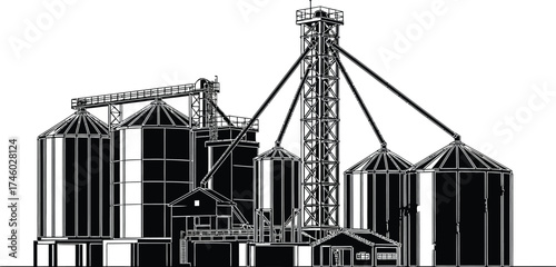 Striking monochrome vector illustration of a grain elevator complex, perfect for agricultural or industrial design projects and conveying themes of production