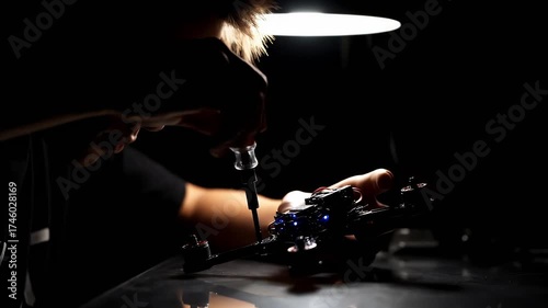 Person Assembling FPV Drone with Screwdriver Under Bright Lamp Light