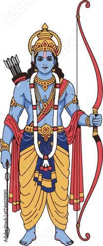  A vibrant depiction of a revered Hindu deity, featuring blue skin, an elaborate crown, and traditional attire. 