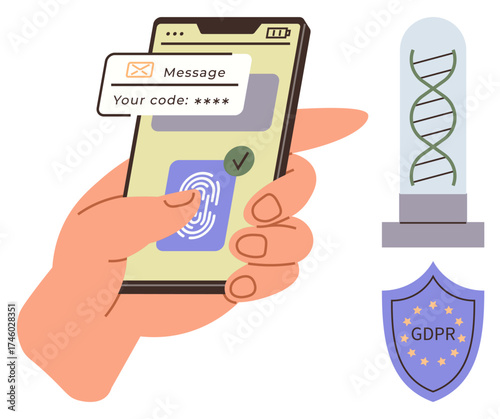 Hand using smartphone with fingerprint scanner and security code, DNA representation, and GDPR badge. Ideal for cybersecurity, biometric technology, data protection, encryption, privacy, compliance