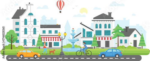 Charming city street scene perfect for lifestyle blogs and neighborhood guides, showing a dog walker, cyclist, cars, hot air balloon, and happy vibes