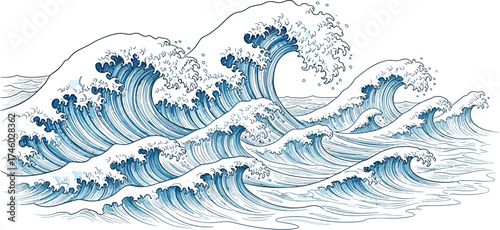 Dynamic ocean waves illustration evokes power and freedom, perfect for travel, adventure, and coastal themes, a stunning design element with natural beauty