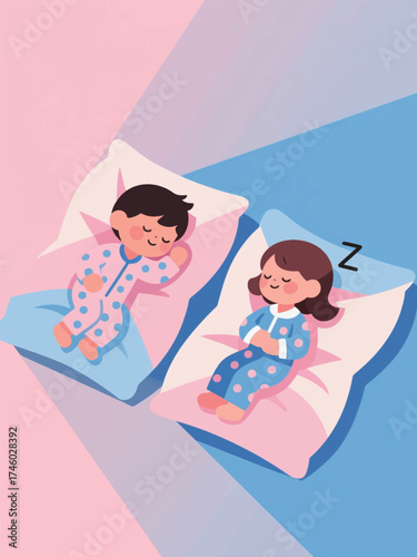 Illustration Of Cute Little Boys And Girls, Sweet Children Relaxing On Pillows Vector Design Template