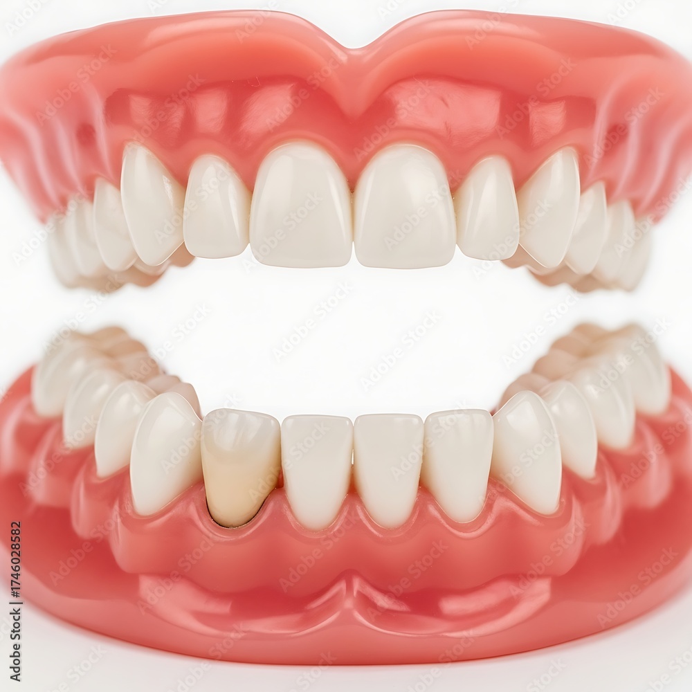 Obraz premium Realistic dental model showing upper and lower jaw teeth and gums close up