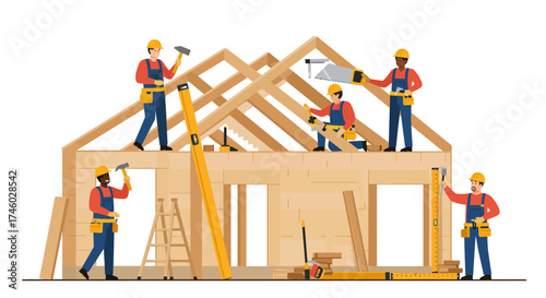 Diverse team of builders and carpenters constructing a wooden house frame with various tools.