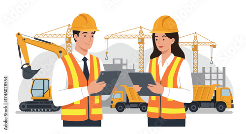 Construction Engineers Reviewing Plans on Tablets at Active Building Site