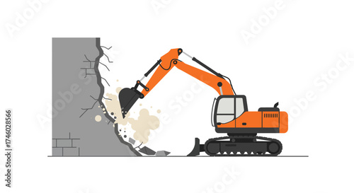 Orange excavator demolishing a concrete wall with debris flying