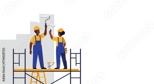 Two Painters on Scaffolding Painting a Wall