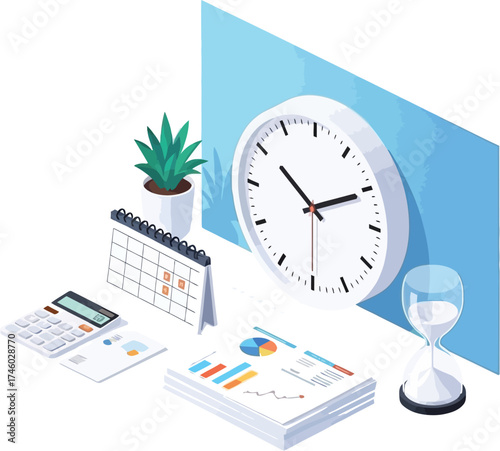 Visualize your deadlines and goals with this professional time management layout featuring a modern clock, calendar, and hourglass for maximum productivity