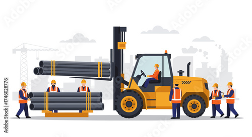 Construction workers and forklift operating with pipes