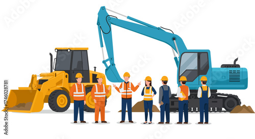 Construction Team with Heavy Machinery: Excavator and Loader