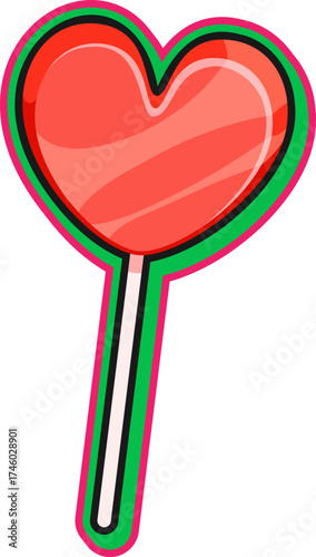 Fast food lollypop candy retro Y2K sticker or label. Fast food menu retro groovy vector sticker, street food sweets funky tag. Takeout dessert patch or Y2K label with heart shaped red candy on stick