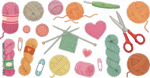 Colorful knitting and crochet supplies create a cheerful crafting scene, perfect for handmade projects and cozy winter designs, inspiring creativity and warmth