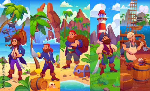 Cartoon pirate and corsair ship crew characters collage, vector Caribbean adventure. Pirate captain with treasure chest, boatswain with barrel and ship cook, sailor skipper and sunken pirate sailboat