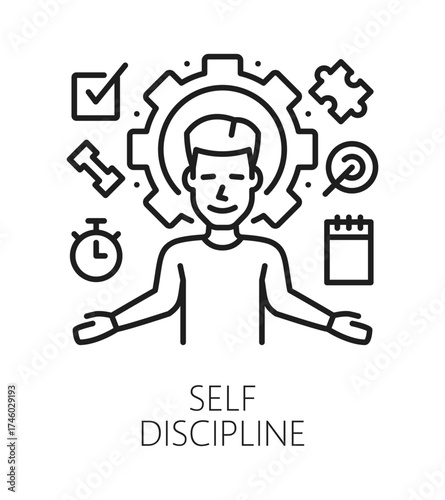 Self discipline life skills line icon or emblem. Human potential outline vector sign, people self discipline ability linear pictogram. Personality life skills icon with multitasking man character