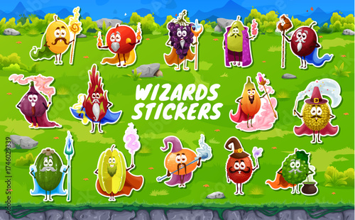 Halloween fruit wizard and mage characters stickers pack. Cartoon vector set of grape, durian, apple, orange and mango, lychee, pear, watermelon and melon with magical staffs, cloaks, and potions