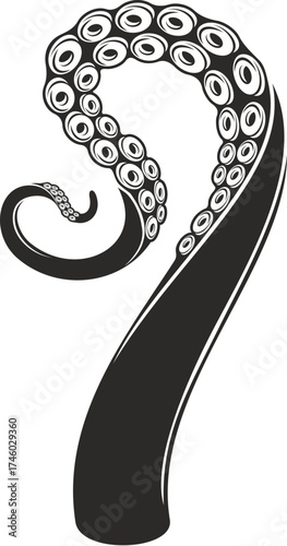 Octopus tentacles tattoo. Kraken or squid monster arm. Black and white vector curling feeler in hook like shape with detailed suction cups highlight its texture. Marine themed body art with sea animal