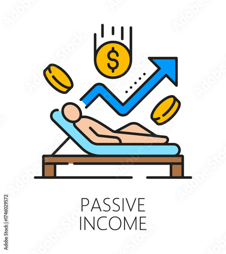 Investment passive income, finance color line icon or label. Business investor revenue vector icon, passive income symbol. Investment strategy sign or pictogram with person lying on lounge chair