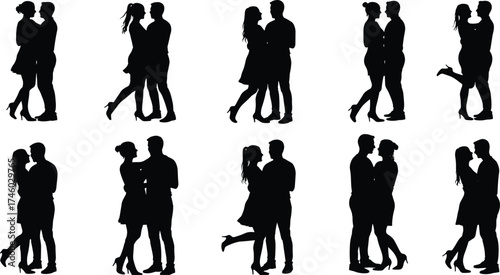 Romantic couple silhouettes collection, love relationship illustration, man and woman posing together, affection art design, vector romance concept, dating scene