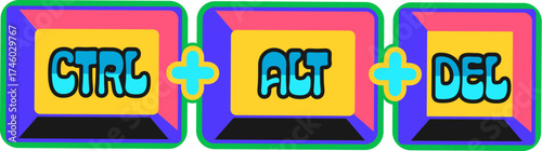 Computer keyboard shortcut Y2K groovy sticker or funky symbol. Computer software funky vector sticker, retro digital technology label with PC operating system task manager command keyboard shortcut