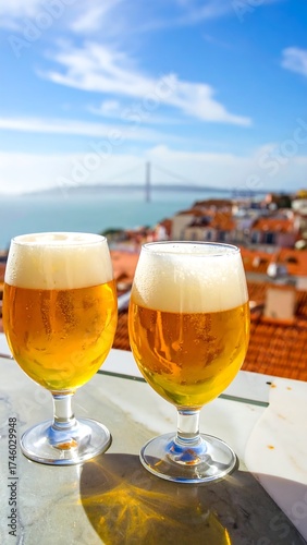 Two frothy beers in stemmed glasses overlooking a city