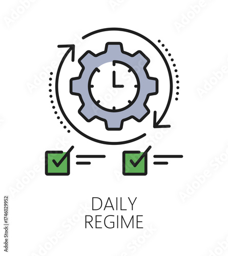Kids daily regime cognitive ability color line icon or pictogram. Cognitive ability or function vector icon. Mental capability therapy symbol with cogwheel clock, time management and planning checkbox