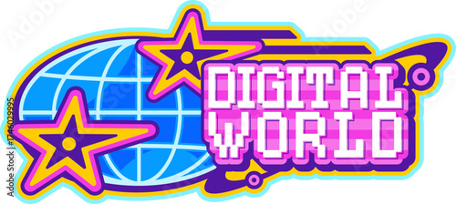 Digital world globe Y2K retro icon or sign. Earth geography mesh sphere vintage vector emblem, world travel globe wireframe sign. Global business planet symbol with pixelated, pink color typography
