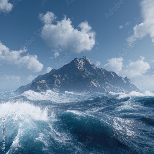 Wallpaper Mural Dramatic mountain rises from ocean waves under a cloudy blue sky Torontodigital.ca