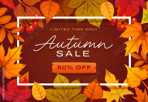 Autumn sale frame banner with falling autumnal leaves, cherry branches, and wooden background. Cartoon vector promotional festive fall seasonal coupon offering 50 percent off for a limited time